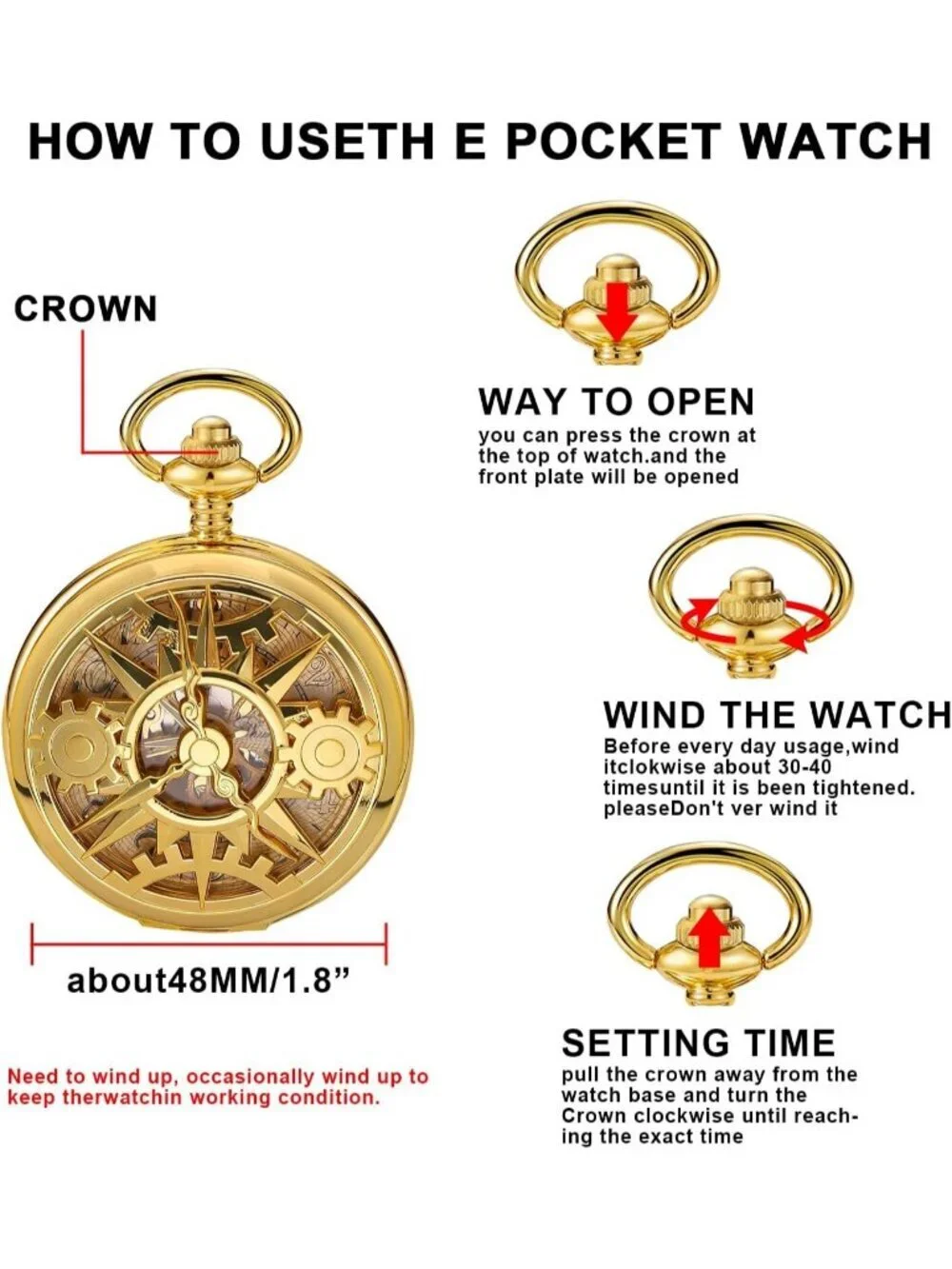 Mens All Gold Vintage Style Hollow-Out Round Gear Arabic Mechanical Pocket Watch